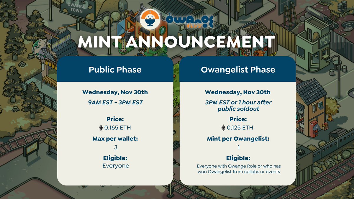 On Wednesday, Nov 30th, we'll be embarking on a journey like never before!

It's time to enter Owange Town! 🍊

Mint Details 🔽