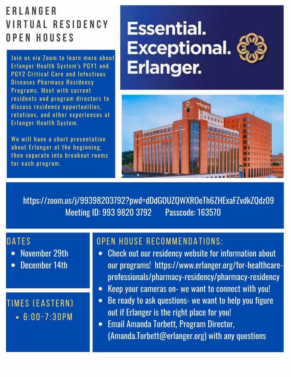 First Erlanger pharmacy residency open house tomorrow! <a href="/ErlangerRx/">Pharmacy Residency Program at Erlanger</a> Join us to find out about pgy1 and pgy2 ID and CC programs. #TwitteRx #pharmres #residency <a href="/ASHPOfficial/">ASHP</a> <a href="/ACCP/">ACCP</a>