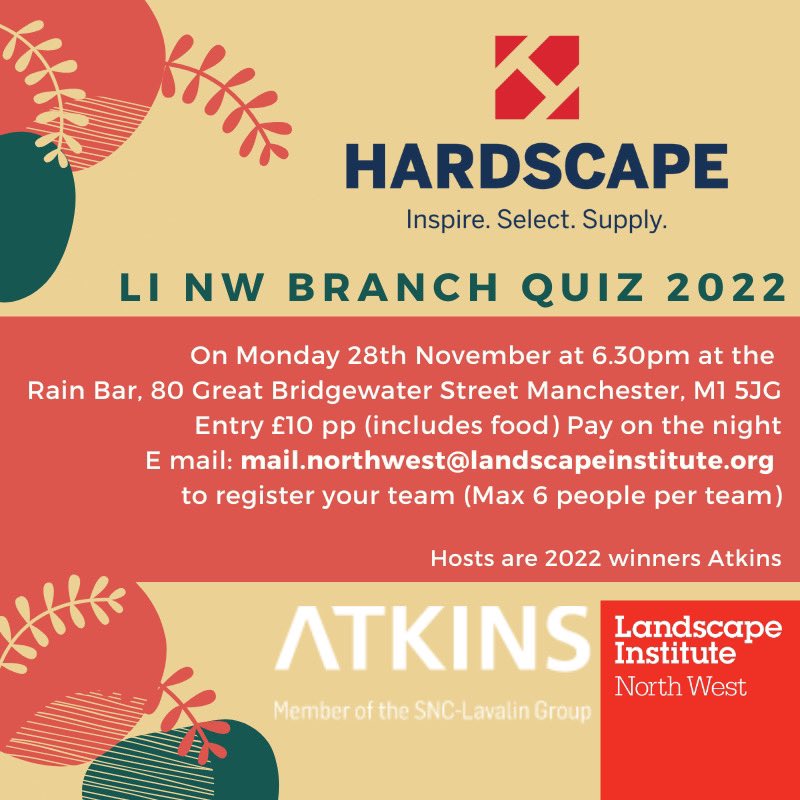 Last minute availability for 2 teams for tonight’s quiz!!

Email: mail.northwest@landscapeinstitute.org to register. Team and individual registrations accepted!