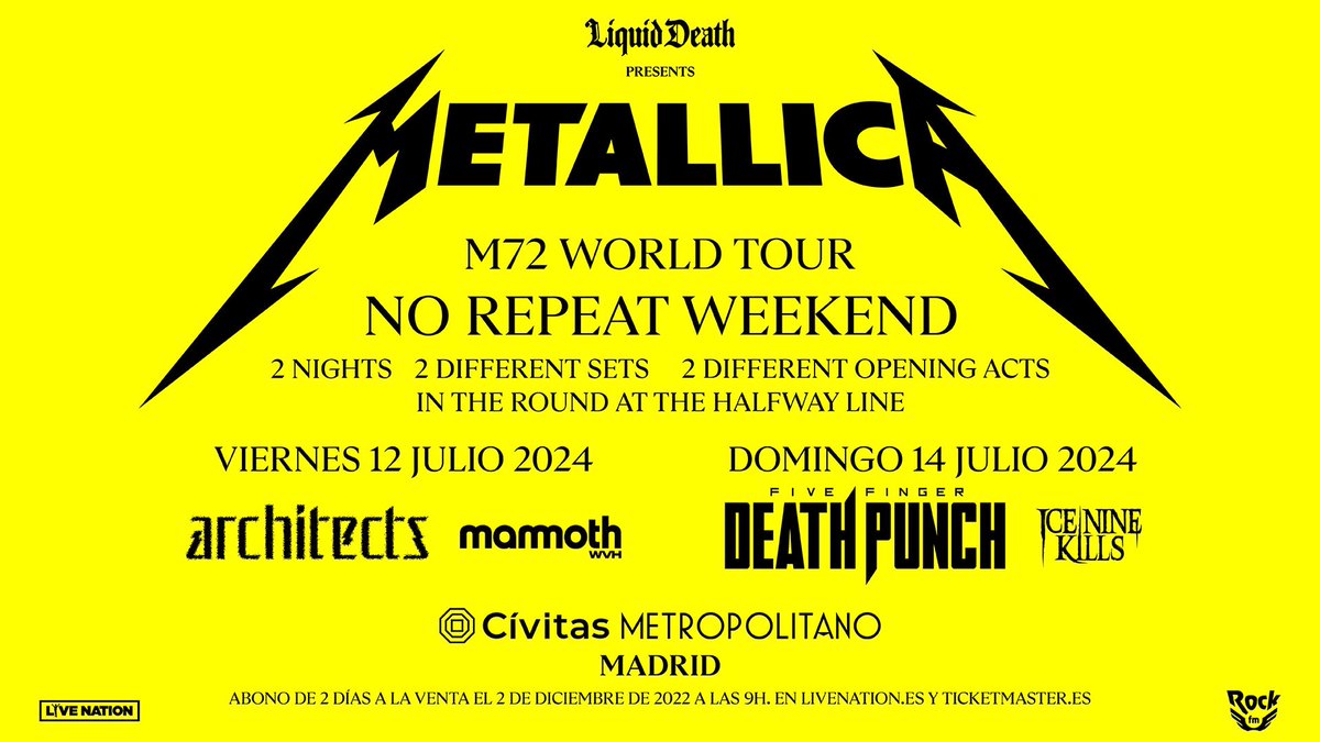 🔥 ¡Metallica vuelve a España!
 
🔥 Un fin de semana histórico con 2 conciertos totalmente diferentes entre sí
 
🔥 Abonos de 2 días a la venta el 2/12 a las 09h en livenation.es y Ticketmaster.es
 
🔥 Toda la info: livenation.es/noticias/25066…