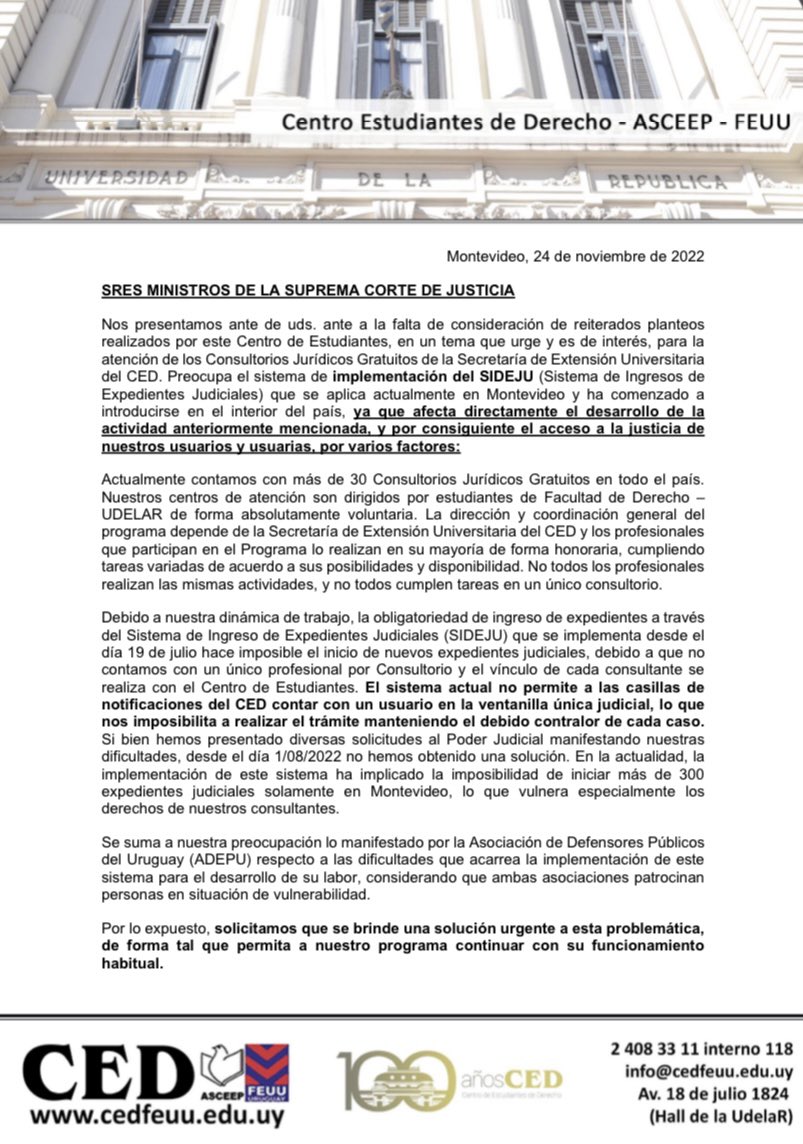 CedOficina's tweet photo. COMUNICADO A LA SUPREMA CORTE DE JUSTICIA ANTE LA IMPLEMENTACIÓN DEL SIDEJU (Sistema de Ingresos de Expedientes Judiciales) https://t.co/eYCkjAcSub