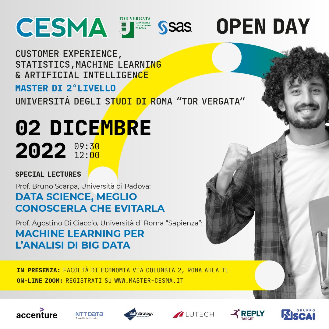 Diventa un esperto di Data Science!
<a href="/mastercesma/">Master CESMA</a> #master in #customerexperience, #statistics, #machinelearning &amp; #artificialintelligence
Il 2 dicembre ti aspettiamo all'Open Day!
PER INFO: master-cesma.it/home/242-2314/…
<a href="/unitorvergata/">Università di Roma Tor Vergata</a> <a href="/EconTorVergata/">Economia Tor Vergata</a> <a href="/batorvergata/">BA Tor Vergata</a>