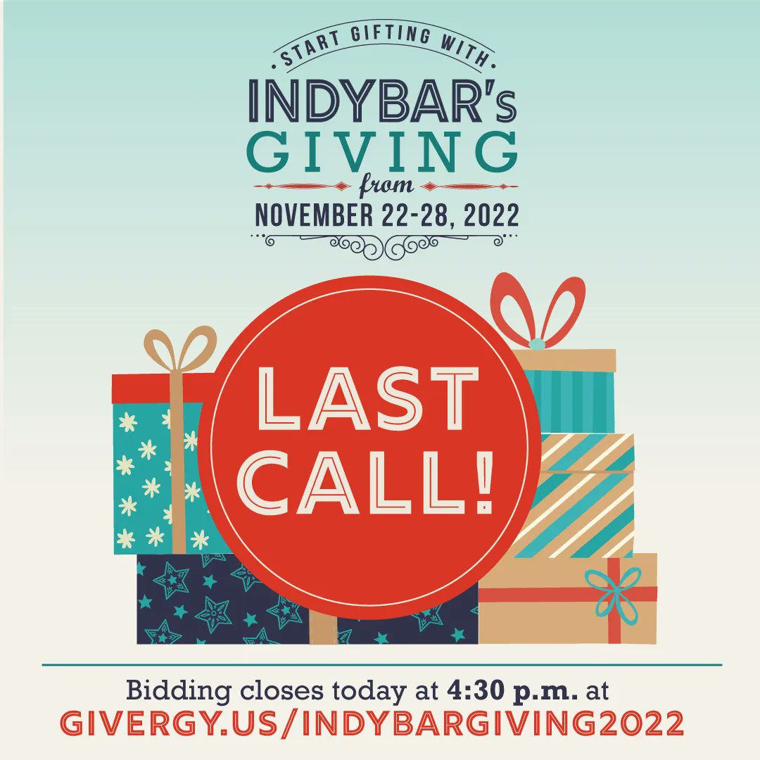 IndyBar's Giving closes TODAY at 4:30 p.m.! Don't miss your chance to easily get some of your holiday shopping done by bidding on items like board games, boozy advent calendars, Colts tickets, stays in beautiful locations and more. Bid before 4:30 at givergy.us/IndyBarGiving2….