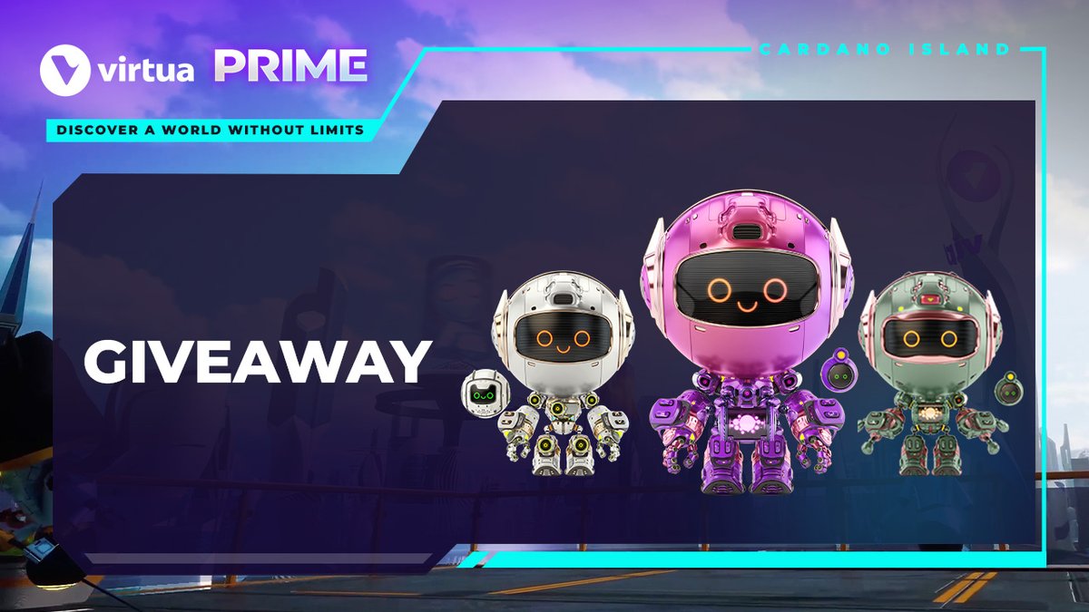 #CardanoIsland GIVEAWAY🚨

We heard you guys love the #Cardano Island Land Bots - and here's your chance to win one!

Rules:

✅Follow <a href="/VirtuaMetaverse/">Virtua</a>
✅Retweet
✅Tag 3 friends

Learn more about the Land Bots: landbots.virtua.com

$TVK #ADA #Metaverse #Virtua #NFT
