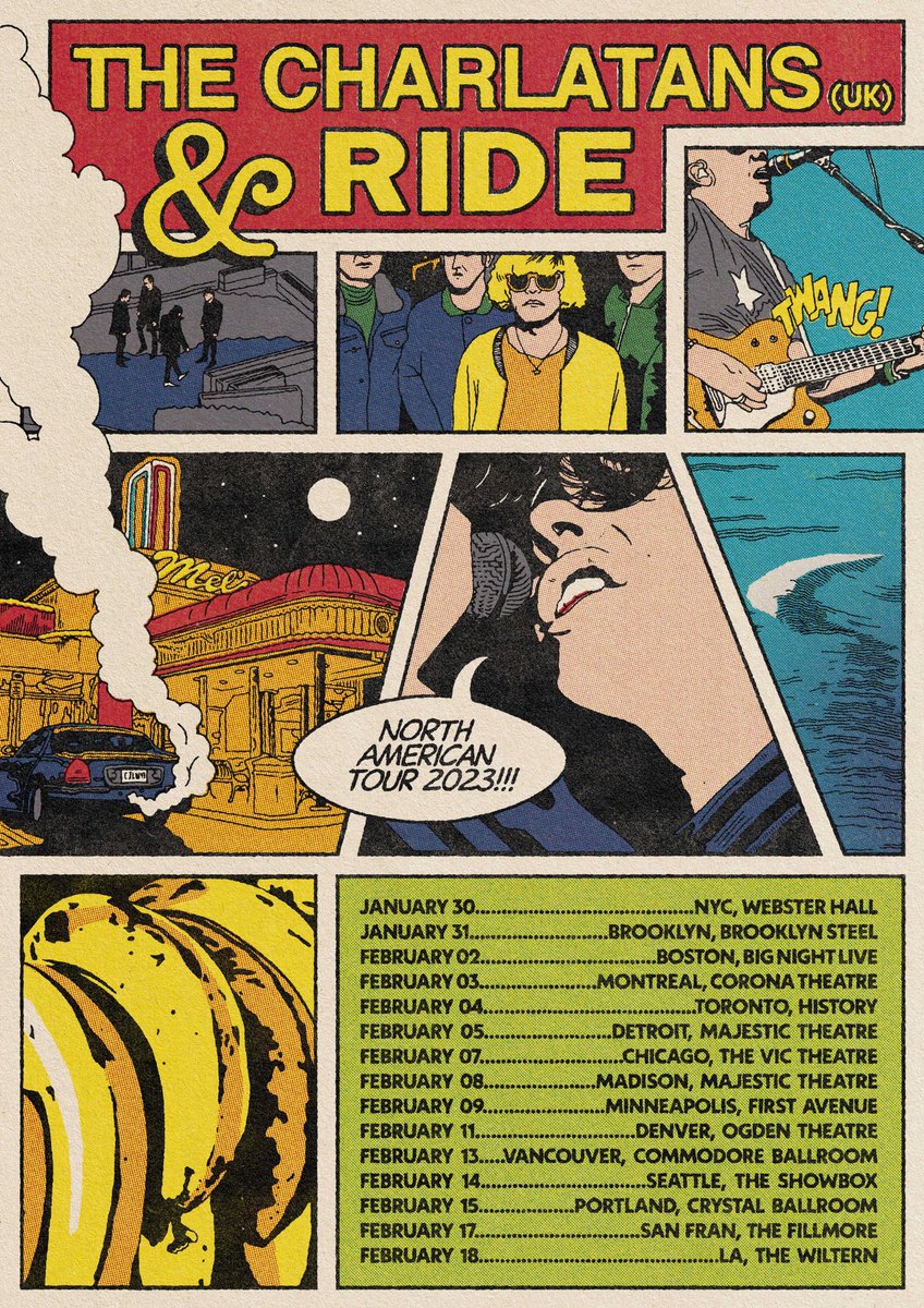 thecharlatans's tweet photo. We are pleased to announce #BetweenNowhere 🌊🍌 co-headline North American tour with @rideox4 in 2023! You can expect Between 10th and 11th + Nowhere in full, plus some extras... 
Tickets on sale Friday 10am local time from https://t.co/ibZg4VlJwv + https://t.co/GDNc43IuCk https://t.co/LEOpNYxDYX