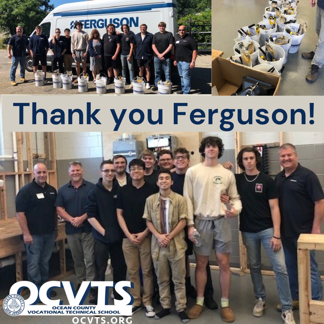 THANK YOU so much for the VERY generous tool donations from Ferguson! Our students last year were able to start their plumbing careers because of your help and support! #ocvts #Ferguson #plumbing #thankyou #industrypartner #careertechnj