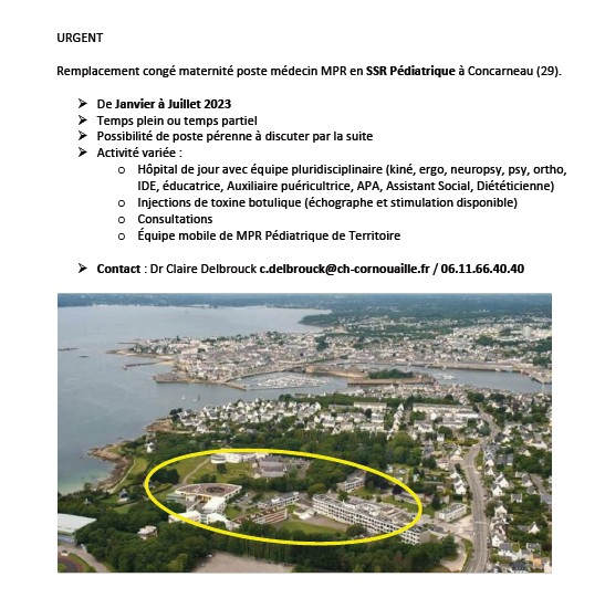 📢 #Médecins #MPR : envie de rejoindre une équipe de #réadaptation dynamique ?
Le Pôle de Réadaptation de Cornouaille recherche un #médecin #MPR au #SSR #pédiatrique de #Concarneau
📅 Janvier - Juillet 2023
<a href="/MarionPrigent1/">Marion Prigent</a> <a href="/SFERHE/">sferhe</a>  <a href="/Ajmertwit/">Ajmer</a> <a href="/sb_brest/">Sylvain Brochard</a> <a href="/SOFMERofficiel/">SOFMER</a>
