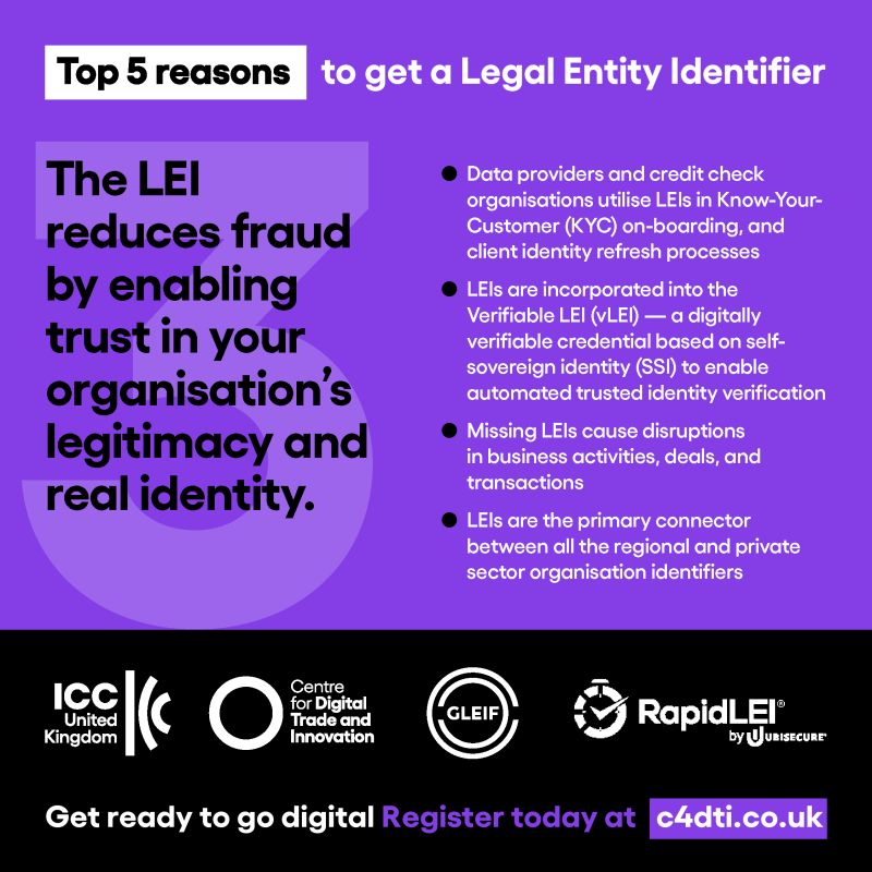 GLEIF's tweet photo. The Centre for Digital Trade and Innovation (C4DTI) recently shared the Top 5 Reasons to get a Legal Entity Identifier (#LEI). When implemented in business processes, the LEI can help answer the questions of what is being bought or sold, who owns it, and who is paying for it.