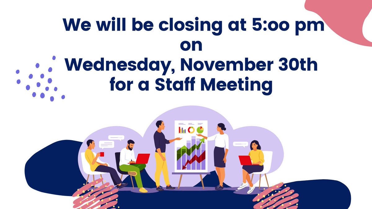 SheldonLibrary's tweet image. We will be closing at 5:00 pm on Wednesday, November 30th for a staff meeting and training.