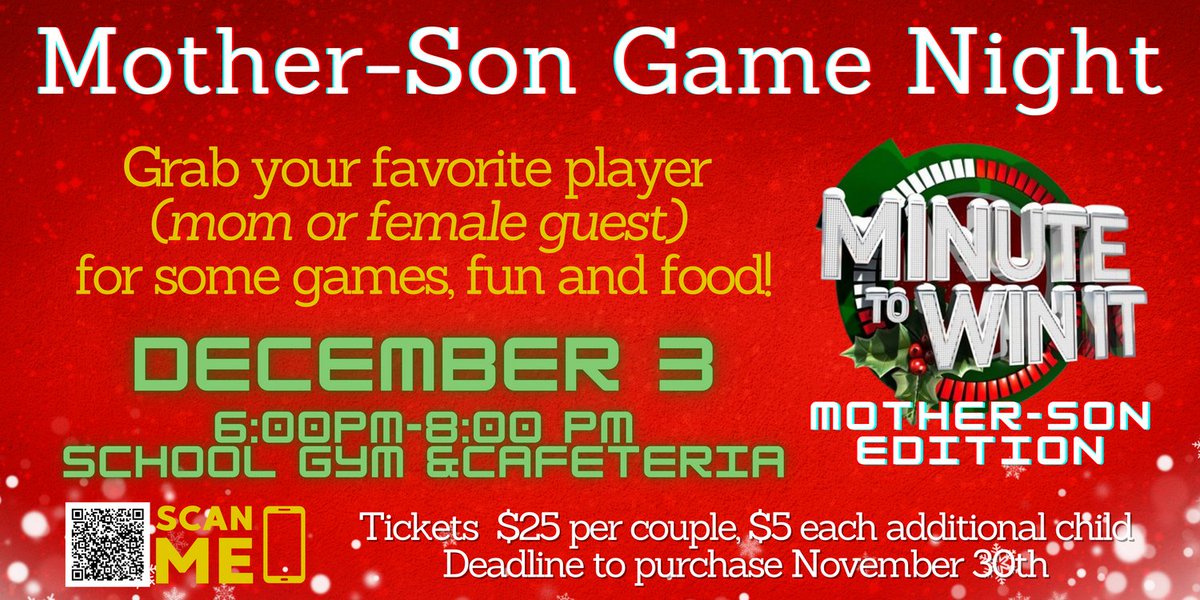 stannschool's tweet photo. Moms, aunts, grandmothers, and female guests, time for our annual Mom-Son Game night. This year's theme is Minute to Win it! 
Put on your favorite Christmas gaming outfit and join the fun. Click the link below to order tickets.

https://t.co/1K87Tvrrez https://t.co/T4hnSF7miN