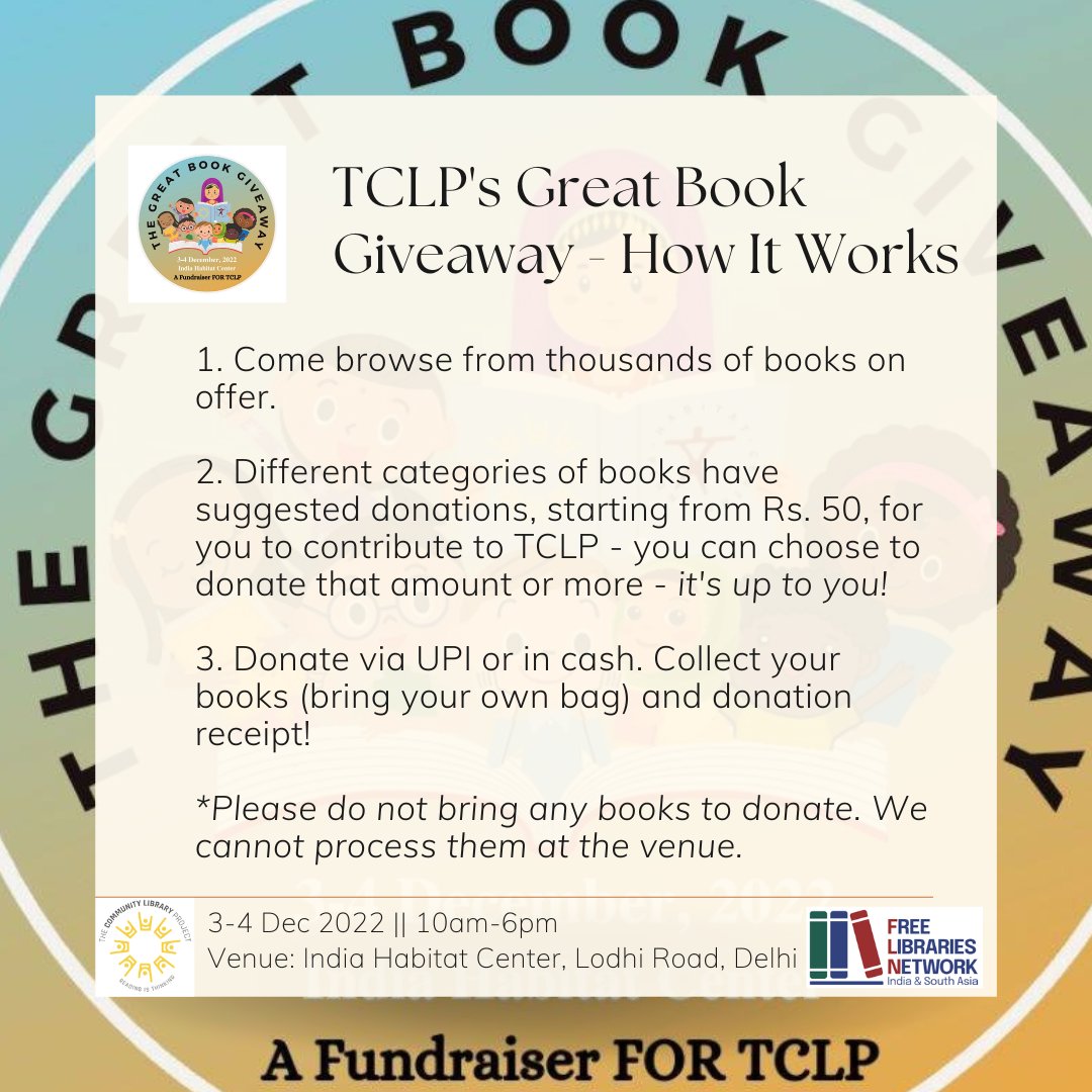 CommunityLibPro's tweet photo. Here's how the giveaway will work (no, you don't have to give us books, no we don't have food stalls, yes you do need to bring your own bags). It's going to be the most fun library experience of your lives! #SupportFreeLibraries #DelhiReads #BookLovers #Delhi https://t.co/oH52vl97N5