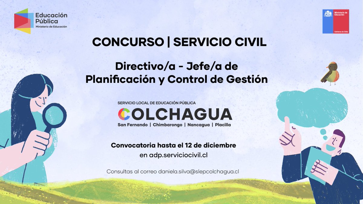 edu_colchagua's tweet photo. 📣Necesitamos profesionales como tú al servicio de la #NuevaEducaciónPública.

El Servicio Local @edu_colchagua busca Directivo/a - Jefe/a de Planificación y Control de Gestión ✅

Postula en 👉 https://t.co/62xP3wlFI2 https://t.co/eqgSy0qR0J