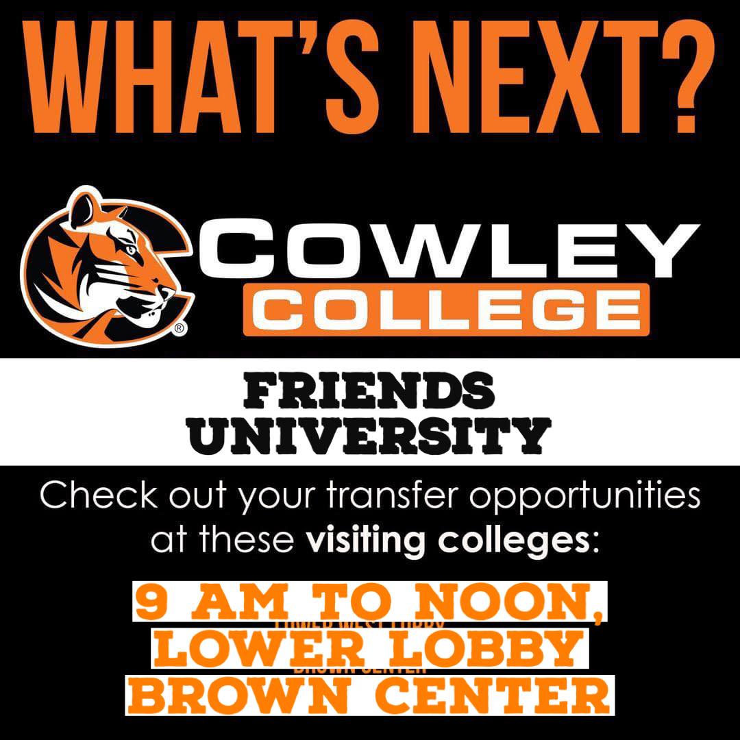 CowleyCollege's tweet photo. Hey Tigers, donβt forget to stop by & visit with @FriendsU today in the lower level of the Brown Center! #transferoptions graduationπ https://t.co/pPCnT9SY8c