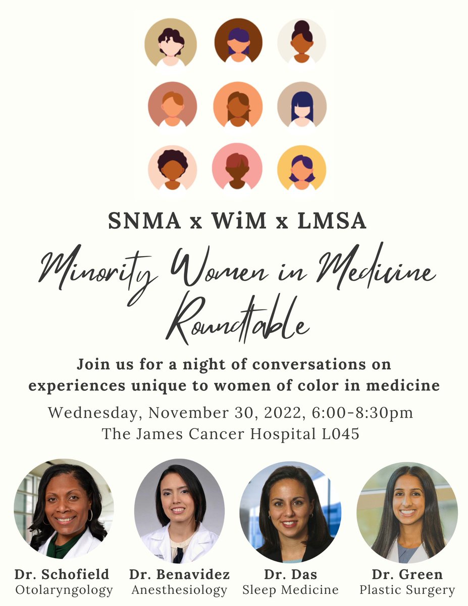 The SNMA: Minority Women in Medicine Roundtable event is happening Wednesday, 11/30 6:00pm-8:30pm at the James Cancer Hospital L045 and Brassica will be served for dinner! Please RSVP below. We look forward to seeing you there! 

tinyurl.com/xk8fzmcu