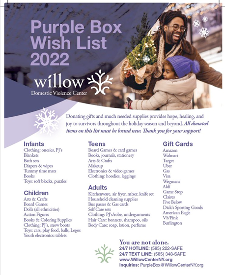 Brighton Police Department is supporting the @WillowCenterNY Purple Box Campaign. Every year Willow serves more than 7,000 survivors of domestic violence in Monroe County. Donations can be dropped off at the Brighton Police Department M-F between 8am-4pm until December 11th.