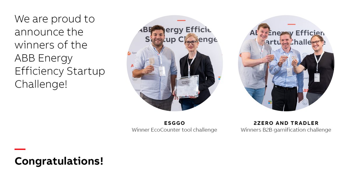 Who are the winners of the ⚡ #ABB #EnergyEfficiency #Startup Challenge ⚡ with @ABBgroupnews, @SynerLeap & @Microsoft? The @ABBelec EcoCounter tool challenge was won by ESGgo, and the @ABBMotion B2B gamification challenge was won by 2zero and Tradler! Congrats!