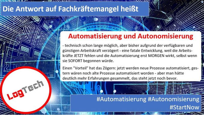 LogTech_Verband's tweet photo. @henrikmllr @derspiegel Die Antwort auf den wachsenden #Fachkräftemangel sind #Automatisierung und #Autonomisierung mit Unterstützung der #Digitalisierung: leider alles schwarze Flecken der bisherigen Politik, obwohl es Stärken der 🇩🇪 Wirtschaft sind.
@BMWK @bmdv @Der_BDI @VDMAonline https://t.co/v2q94VeqjS