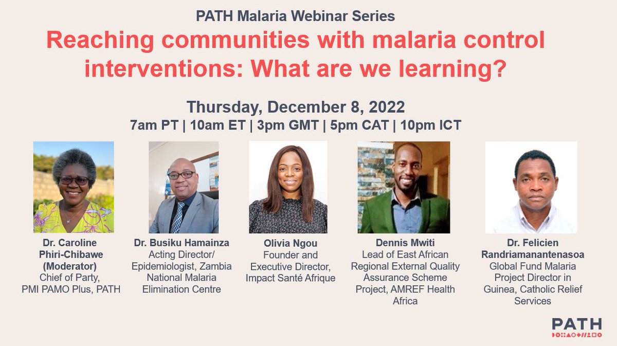 📢 Upcoming webinar on reaching communities with #malaria control interventions.

📅 December 8
🕖 7am PT | 3pm GMT | 5pm CAT

More details below and registration here: path.zoom.us/webinar/regist…