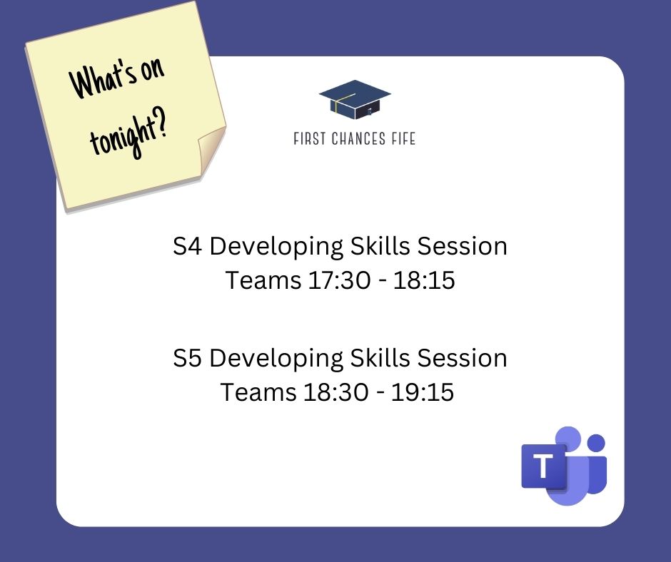 Happy Monday! Here's a look at tonight's sessions for our S4 and S5 pupils
Check your emails for invites and join us on Teams 😀