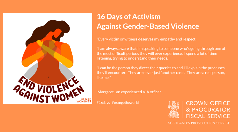 COPFS's tweet photo. Every victim of sexual offending or domestic abuse will be offered support from COPFS’ Victim Information and Advice service (VIA).  Trained VIA officers can offer guidance on the criminal justice process and help with referrals to specialist agencies. #16days #orangetheworld https://t.co/7QR5ljdluw