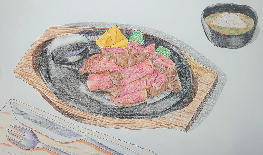 「#いい肉の日 #飯テロ いい肉の日なのでステーキを〜!(色鉛筆画) 」|出町柳 彩都 @skebリクエスト募集中【鉄道同人誌制作中】のイラスト