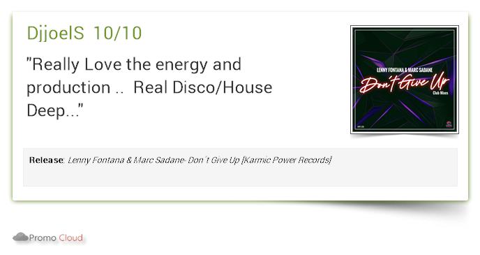 KarmicPowerRec's tweet photo. DjjoelS supports: Lenny Fontana &amp; Marc Sadane- Don´t Give Up [Karmic Power Records] 10/10 #newrelease https://t.co/JYucfQ61B8  #DontGiveUp #LennyFontana #MarcSadane #newmusic #p https://t.co/FgPprpTs5x