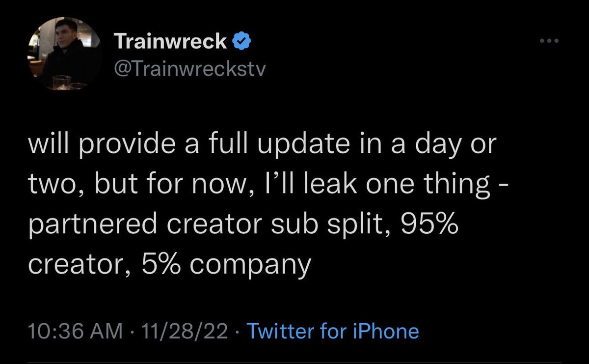 esports's tweet image. This is @Trainwreckstv's partnered creator sub split on his upcoming streaming platform:

💢 95% to the Creator
💢 5% to the Platform

For context, Twitch currently offers a 50/50 split to the majority of their creators. 🤯