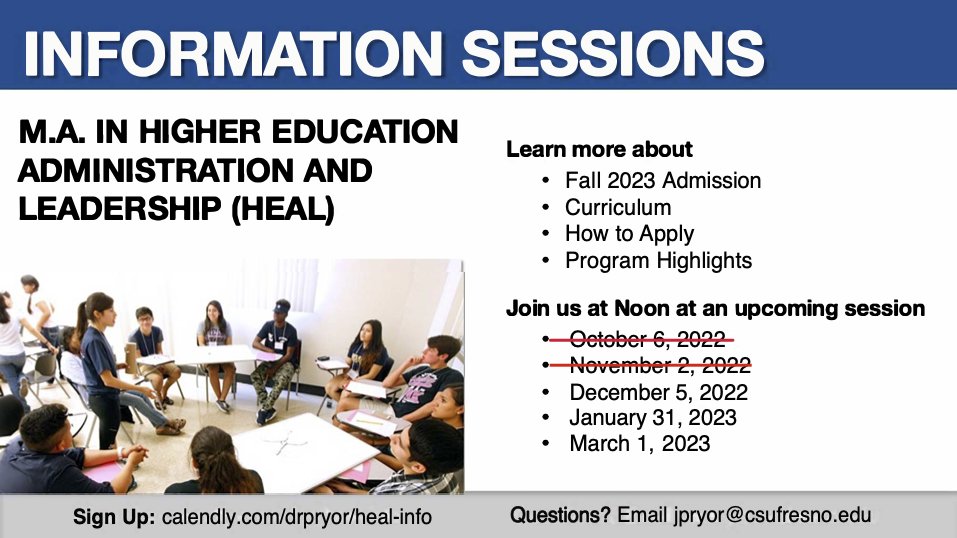 Apply for your MA in HEAL! We have one more Information Session for 2022 about our MA in Higher Education Administration &amp; Leadership! For folks interested in careers in higher education &amp; student affairs, join us next week 12/5/22 at 12 pm. Please share!
calendly.com/drpryor/heal-i…