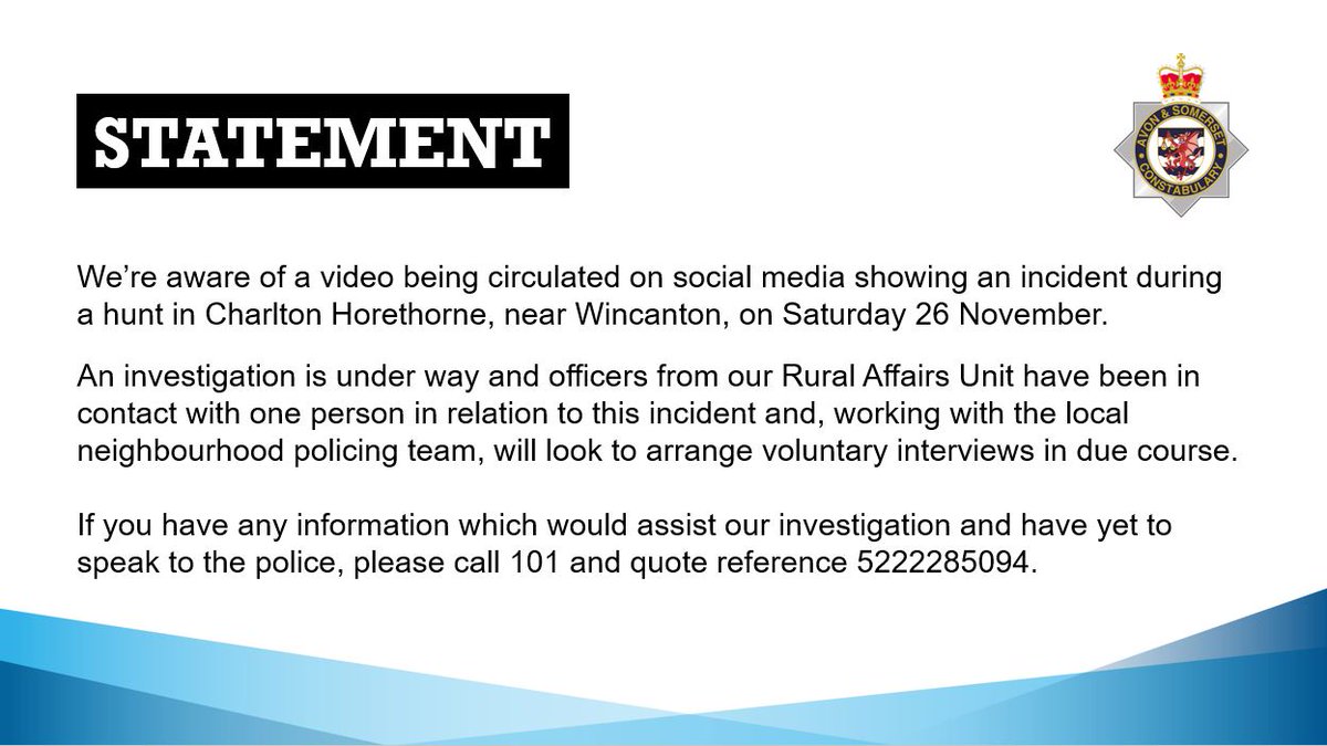 We are aware of a video circulating on social media showing an incident during a hunt in Charlton Horethorne, near Wincanton. Please see our statement below.