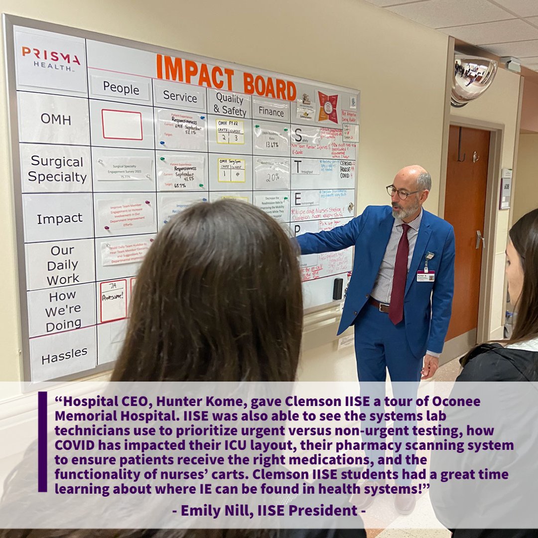 Take a look at the Clemson IISE Chapter spotlight! This month, IE students traveled to Oconee Memorial Hospital to receive a tour of the facility, which is where they were able to better understand how IE is better used in the healthcare field.