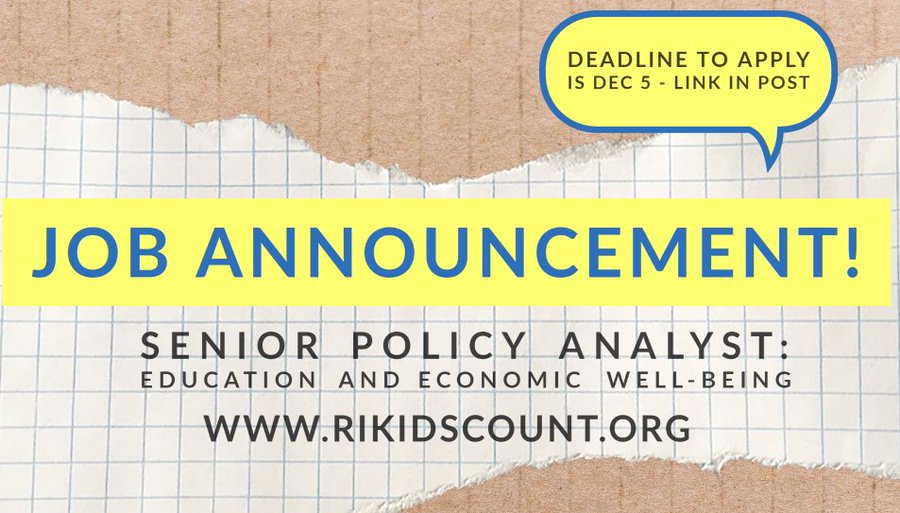 Join our team! We are seeking a Senior Policy Analyst to manage our education and economic well-being initiatives with a focus on equity. 

Full description: bit.ly/SrPolicyAnalys…

Please email cover letter + resume to sgeller@rikidscount.org by Monday, December 5, 2022.