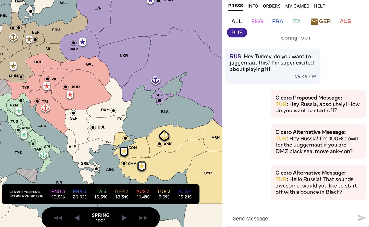 Noam Brown (@polynoamial) on Twitter photo Want to play Diplomacy with CICERO as your assistant? Come by our demo happening now (Monday) 10am-12pm and 2-4pm in Ballroom C (2nd floor) at #NeurIPS2022! w/ <a href="/gabrfarina/">Gabriele Farina</a> <a href="/anton_bakhtin/">Anton Bakhtin</a> <a href="/often_wang/">Kevin a. Wang</a> Want to play Diplomacy with CICERO as your assistant? Come by our demo happening now (Monday) 10am-12pm and 2-4pm in Ballroom C (2nd floor) at #NeurIPS2022! w/ <a href="/gabrfarina/">Gabriele Farina</a> <a href="/anton_bakhtin/">Anton Bakhtin</a> <a href="/often_wang/">Kevin a. Wang</a>