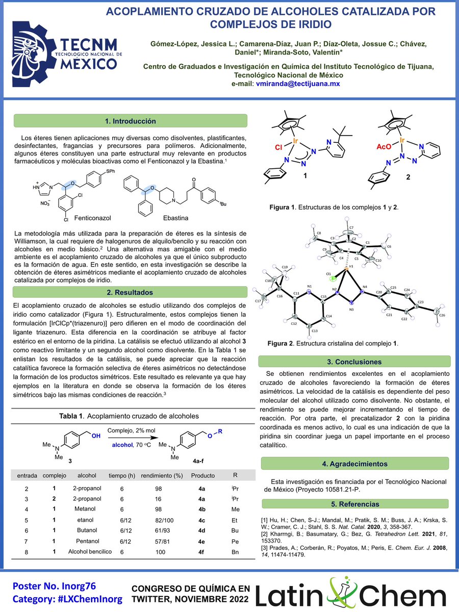 Hola <a href="/LatinXChem/">LatinXChem</a>, les presento mi trabajo “Acoplamiento cruzado de alcoholes catalizada por complejos de iridio”, #LatinXChem22 #LXChemInorg #Inorg76 #Catalysis