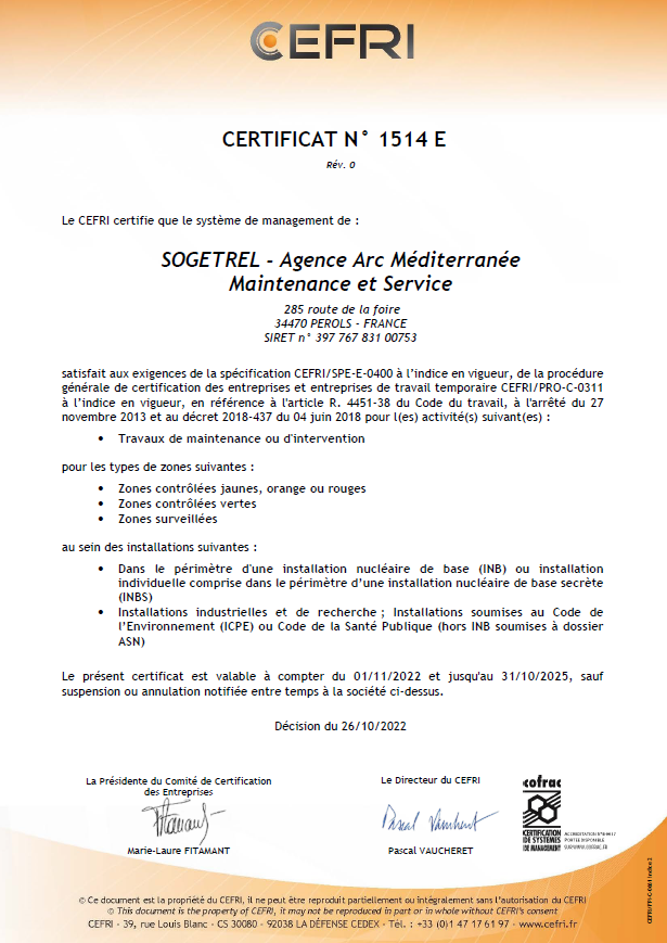 🦺 Pour obtenir cette #certification, nos équipes ont mené pendant 9 mois un travail de constitution d’un système de management formé à la compréhension des spécificités des interventions en zones potentiellement soumises aux rayonnements ionisants.

Bravo aux équipes ! 🙌