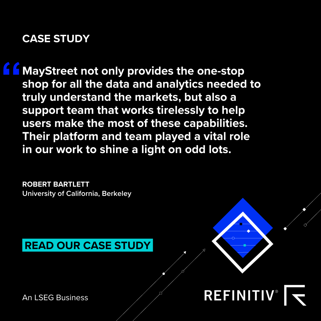 MayStreetTech's tweet photo. Robert Bartlett of the University of California, Berkeley and his research colleagues turned to our Analytics Workbench to enable a level of insight into odd lot quotes unprecedented to the academic community. Learn how: https://t.co/BEDg73DlYh https://t.co/kmgiSYcFew