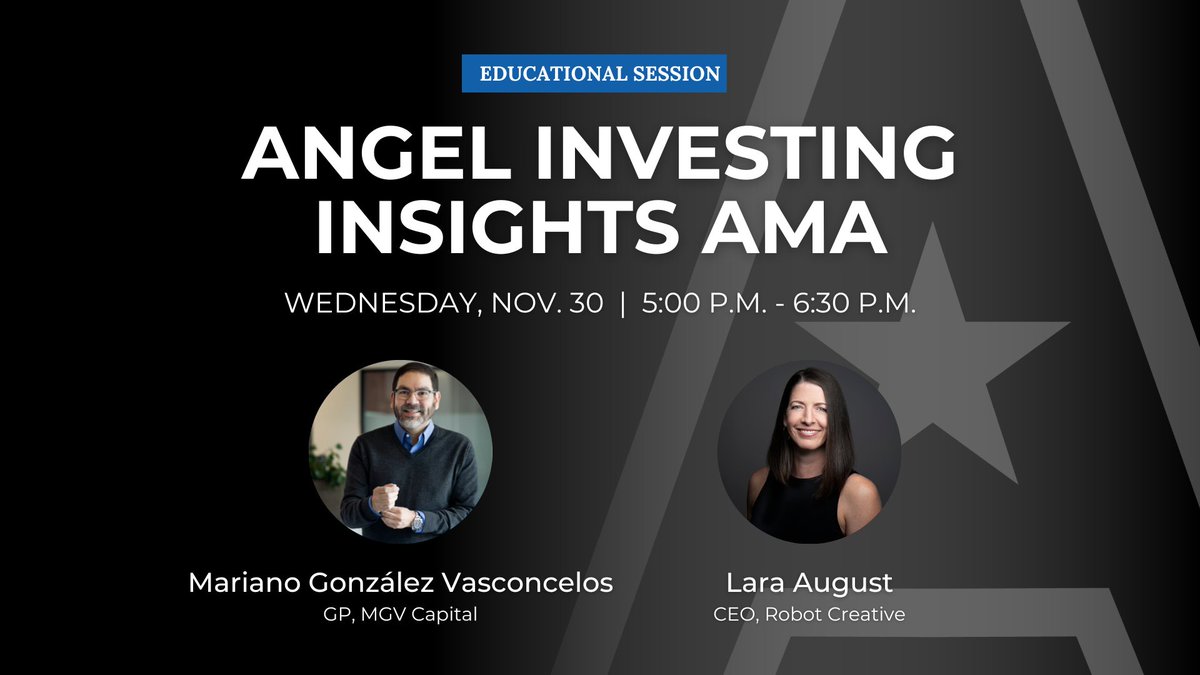 AlamoAngelsofSA's tweet image. 🚨 Join us for our Angel Investing Insights AMA with @mariano_mgv, moderated by @laraaugust. They&apos;ll share their journey into investing, experiences, and strategic advice.

Grab your ticket for Wednesday, November 30th from 5-6:30.

🎟RSVP: lu.ma/AngelAMA