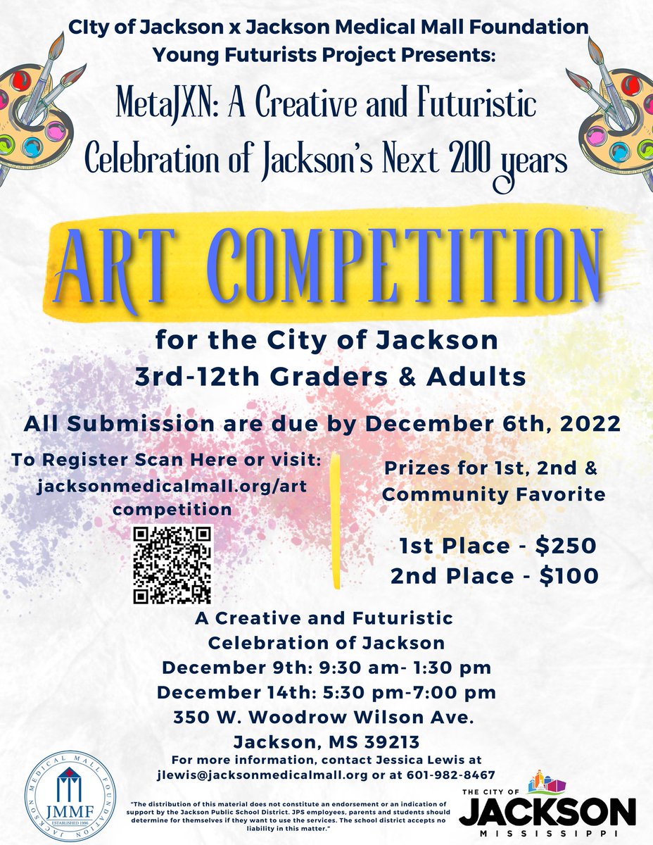 The deadline for the MetaJxn Art Competition is December 6, 2022. Scan the QR code to learn more and register. This project is in partnership with the <a href="/CityOfJxnMS/">City of Jackson Mississippi</a> and the JMM's Young Futurists Project! #JxnMedMall