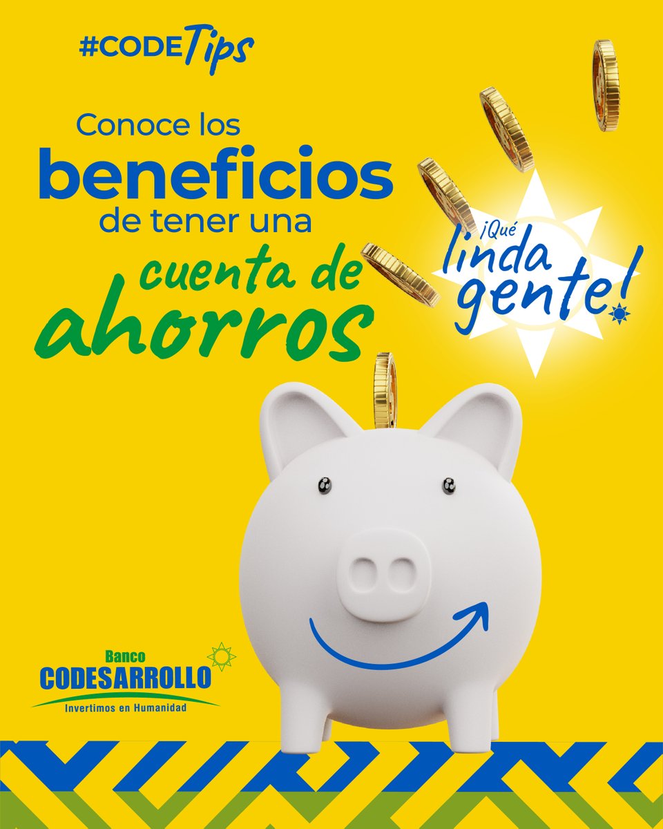 BanCodesarrollo's tweet image. Guárdalo en Banco Codesarrollo, fácil, rápido, seguro y accede a los beneficios de contar con una cuenta de ahorros 💸☀️😊

✅ ¡Comienza a ahorrar ahora! 

✅ Planifica tu futuro.
#BancoCodesarrollo #QueLindaGente #InvertimosEnHumanidad