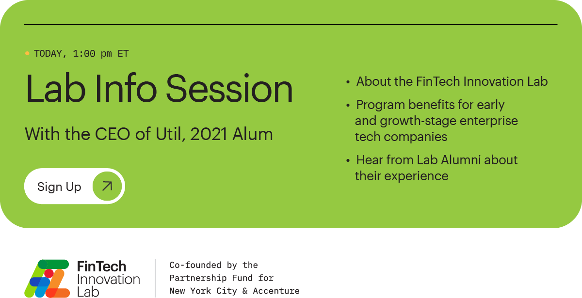 Join the Fintech Lab TODAY for our final info session with Patrick Wood Uribe, CEO of 2021 alumni Util and Maria Gotsch, CEO & President of PFNYC! Sign Up: eventbrite.com/e/fintech-inno…
