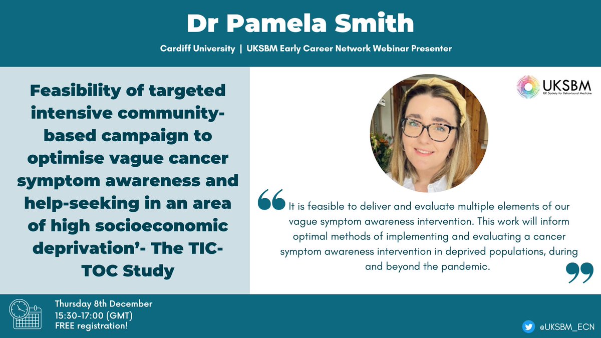Introducing our second ECN webinar presenter: Dr Pamela Smith <a href="/pamela_jsmith/">Pamela Smith (she/her)</a> <a href="/TIC_TOC_study/">TIC-TOC</a>

🗓️Thursday 8th December 15:30-17:00 (GMT)

FREE registration 👉 eventbrite.co.uk/e/uksbm-early-…

#cancer #deprivation #behaviourchange #UKSBM @UKSBM_MCN