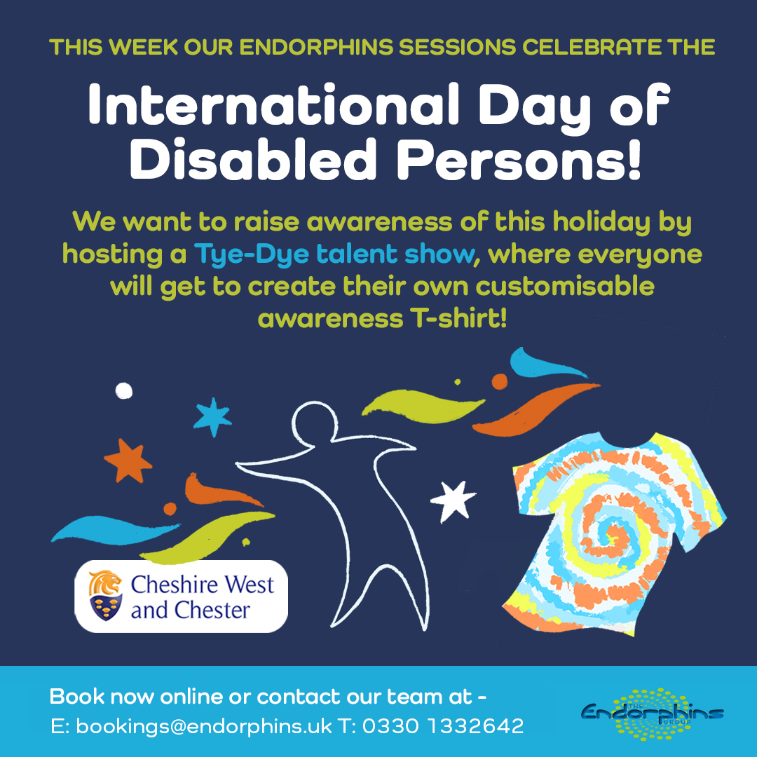 ⭐️International Day of Disabled Persons⭐️

Tye-Dye Talent Show is being held this week- how amazing does that sound?
Each attendee gets to make their own personalised T-Shirt....👚👕

Don't forget booking is essential- 👇👇
endorphins.uk/events-page/