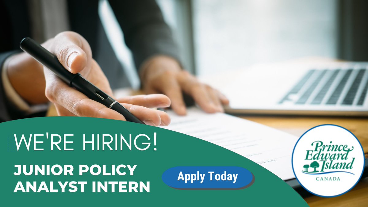 The Government of Prince Edward Island is hiring a Junior Policy Analyst Intern!

☑️ $26 - $31 an hour
☑️ Full Time
☑️ Benefits
☑️ Starts Immediately for one year with the possibility of an extension

Click here to apply today:
gov.pe.ca/jobs/api/posit…

#Hiring #employment #PEI