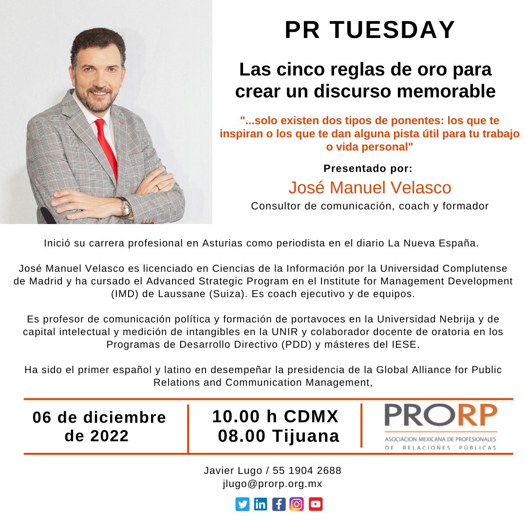 JavoLugo's tweet photo. Las cinco reglas de oro para crear un discurso memorable. Nuestra última plática del #PRTuesday en
@PRORPMexico con la participación de
@JM_VelascoG https://t.co/XT0ysZvmbP