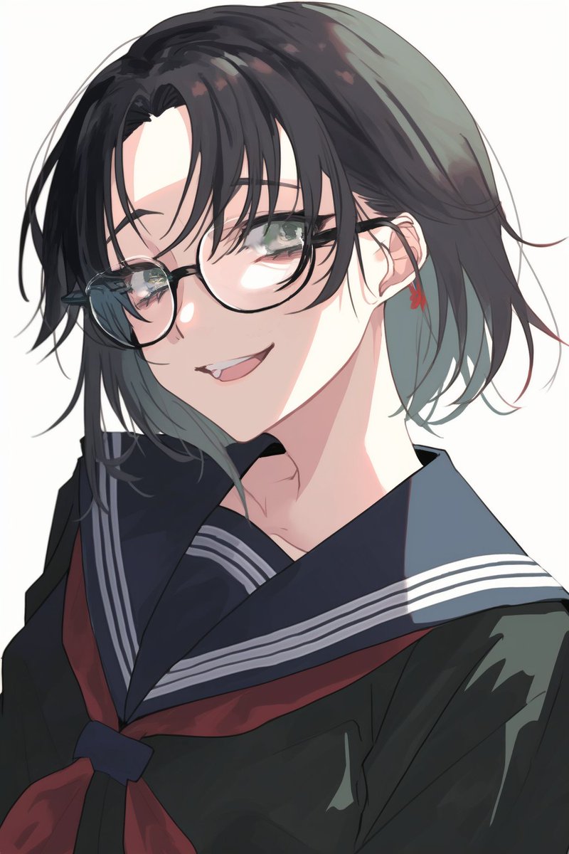 1girl solo glasses school uniform black hair serafuku white background  illustration images