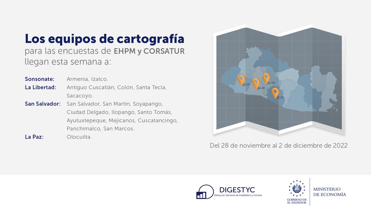 EconomiaSV's tweet photo. 📢 Del 28 de noviembre al 2 de diciembre, equipo de #DIGESTYC recabará datos socioeconómicos y demanda turística interna, a través del mapeo y encuestas:
✅Hogares de Propósitos Múltiples #EHPM
✅MITUR

Del 28 de noviembre al 4 de diciembre:
✅Uso del Tiempo

👇Aquí los detalles: https://t.co/34KXOdiQCu