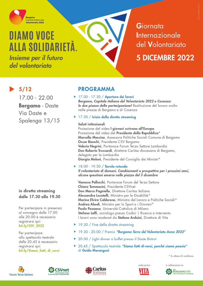 #5dicembre: chi ci sarà? 
Ecco tutti i nomi previsti per l'evento #Giv22 di CSVnet, <a href="/forumterzosett/">Forumterzosettore</a> e <a href="/CaritasItaliana/">Caritas Italiana</a>, organizzato in collaborazione con <a href="/CsvBergamo/">CSV Bergamo</a> e Capitale italiana volontariato 👉bit.ly/3gE3Ksh
#TogetherActNow  #IVD2022