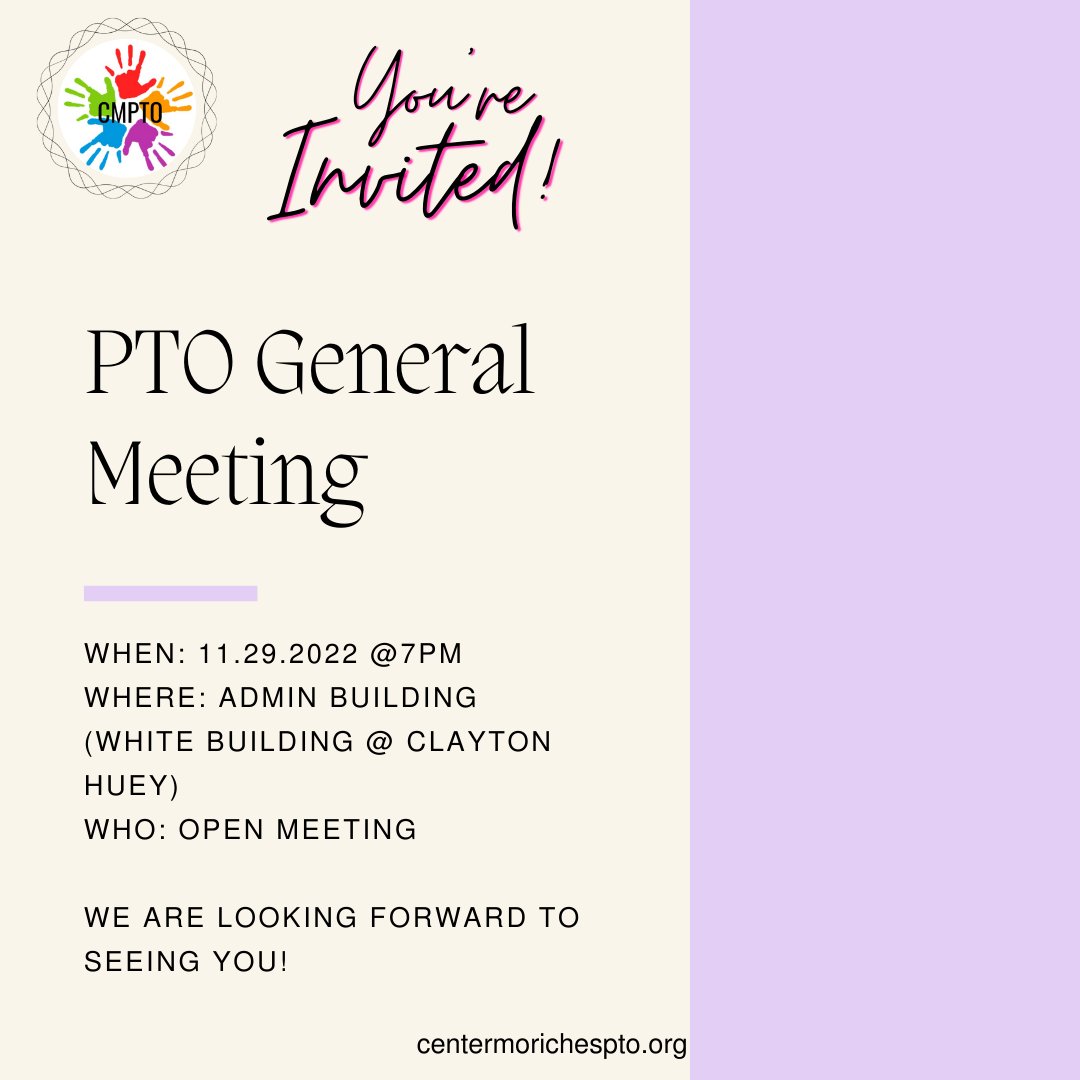 PTO_CM's tweet photo. General Meeting Tomorrow!
Center Moriches PTO General Membership Meeting is Tomorrow!
7pm in the Admin Building!
(The White Building at the Elementary School)

The meeting is open to everyone!
Hope to see you there!

#CMPTO #centermoriches #cmschools #Cmptomeeting https://t.co/xadgp8ZPWV