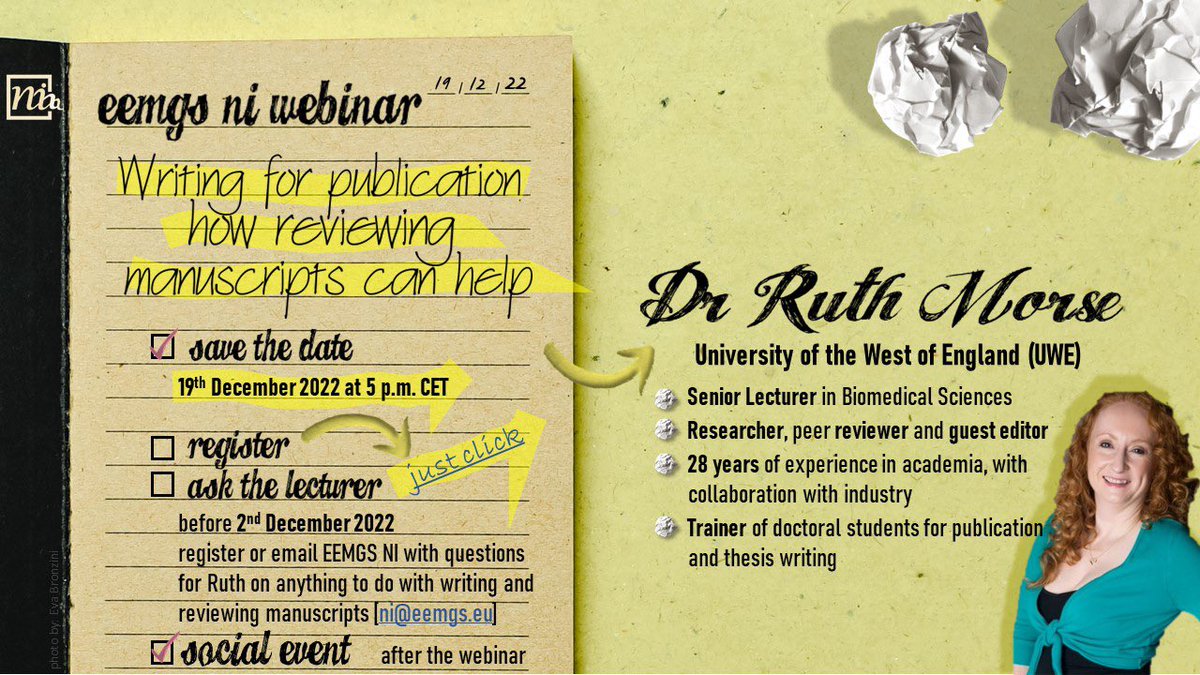 Don’t miss our upcoming #webinar in December!
#Register to our interactive webinar and discuss your questions on “#writing and #reviewing manuscripts” with Dr. Ruth Morse.
Save the date 👉 19.12.22, 5 pm cet

Register via the link 👇👇👇
eemgs.eu/news-new/eemgs…

#eemgs #eemgs_ni