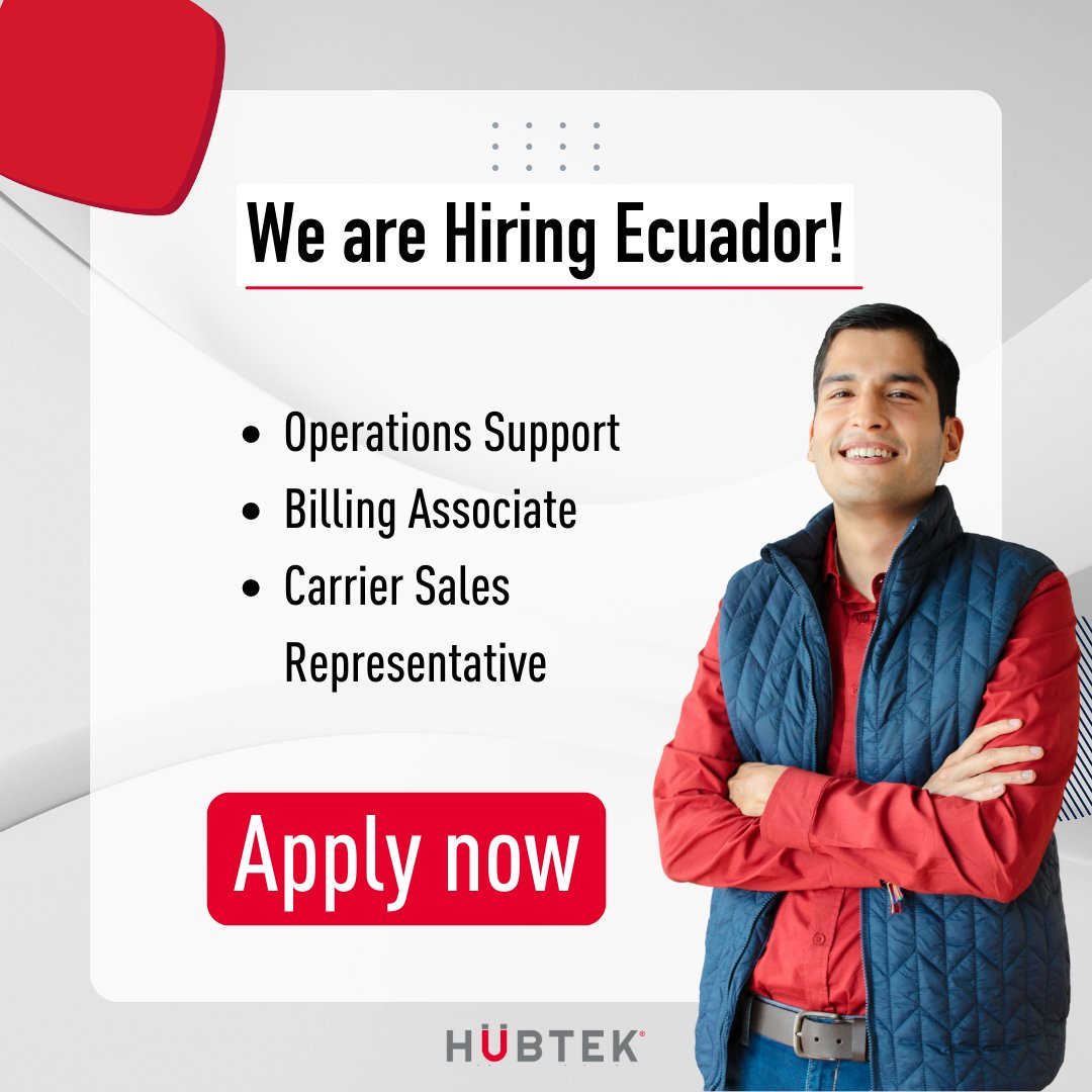 Hubtek1's tweet photo. The Ecuador team is looking for an Operations Support Analyst, a Billing Associate, and a Carrier Sales Representative! We offer a great salary, excellent benefits, and an excellent work environment.

Apply now: https://t.co/rpGyJ7LP0M

#team #growth #learning #tech #development https://t.co/6e5VxM4Ale