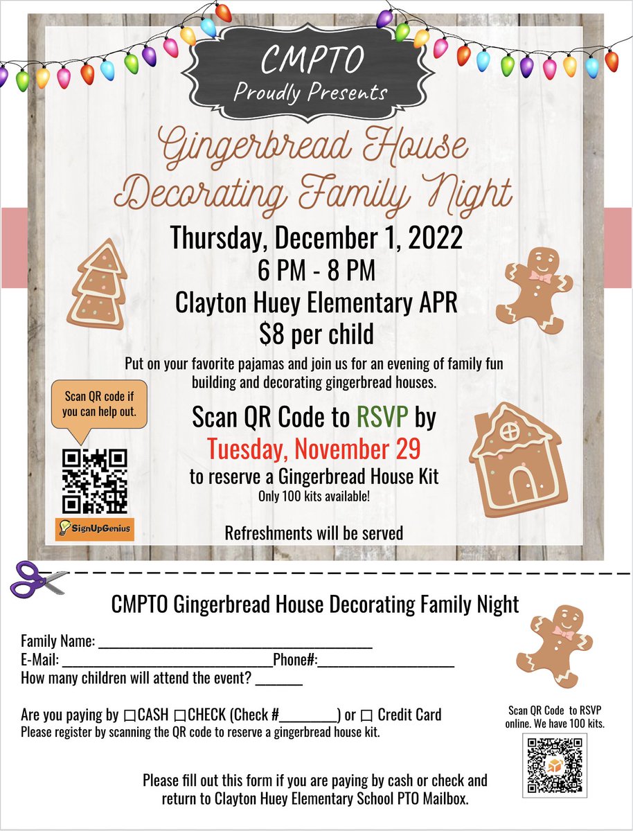 PTO_CM's tweet photo. REMINDER! ***THIS WEEK*** RSVP by TOMORROW!
Join us for our Gingerbread House Family Night!
This Thursday, 12/1 from 6-8pm in the Clayton Huey APR Room! RSVP by tomorrow! https://t.co/i7Y4wL74QR